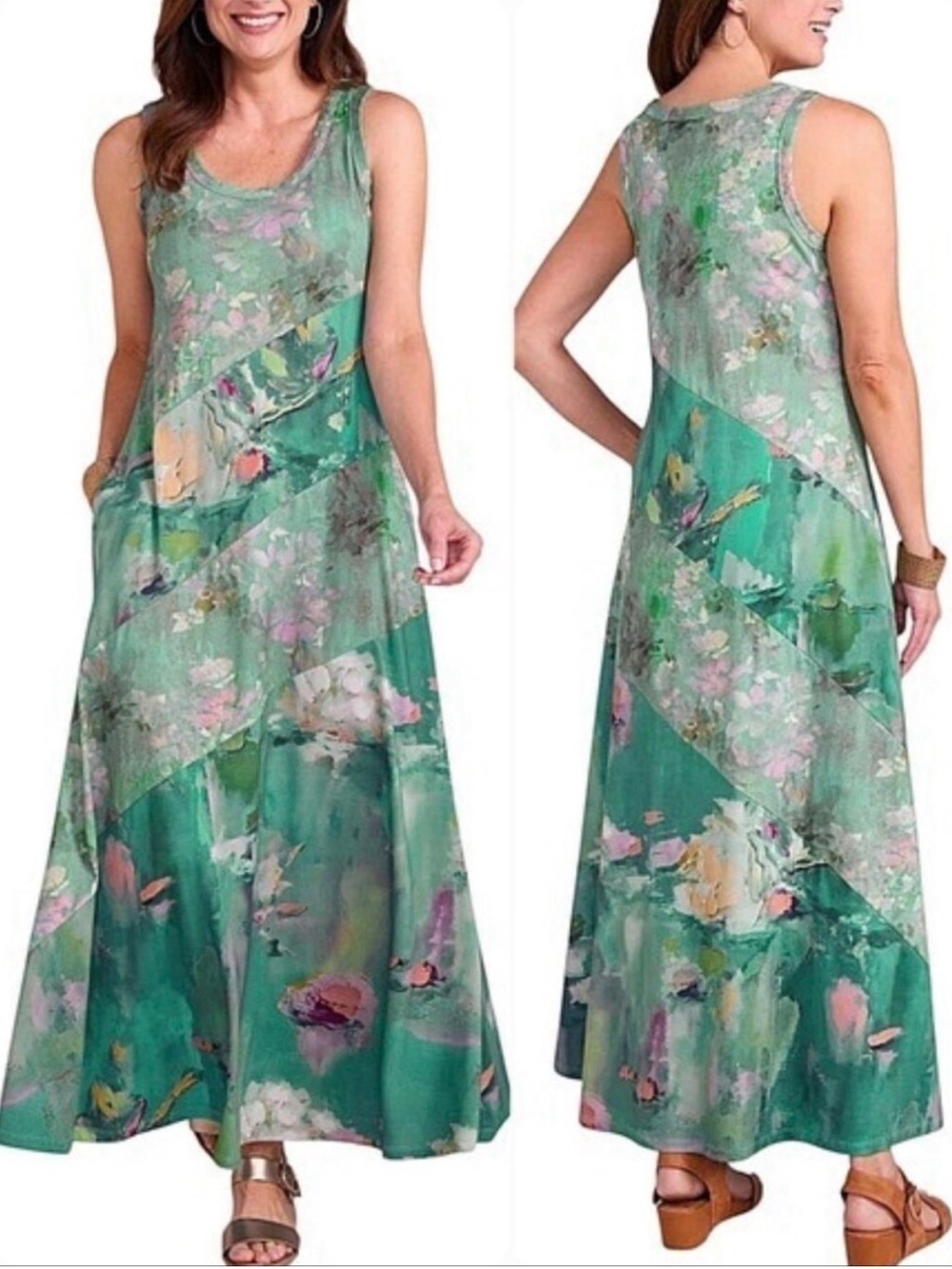 Soft Surroundings Santiago Lakeview Maxi Dress Medium Watercolor Floral Pockets
